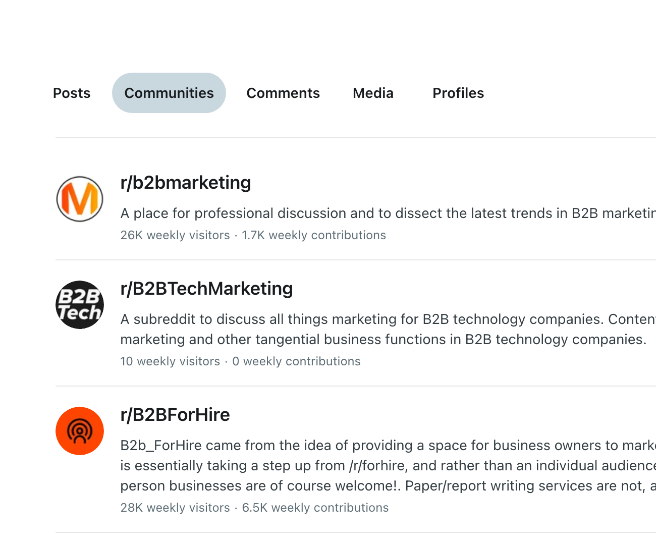 Live Reddit screenshot showing Finding B2B Communities