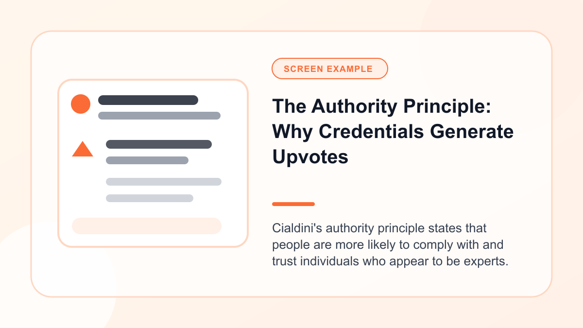 Mock Reddit screen showing the Authority Principle: Why Credentials Generate Upvotes