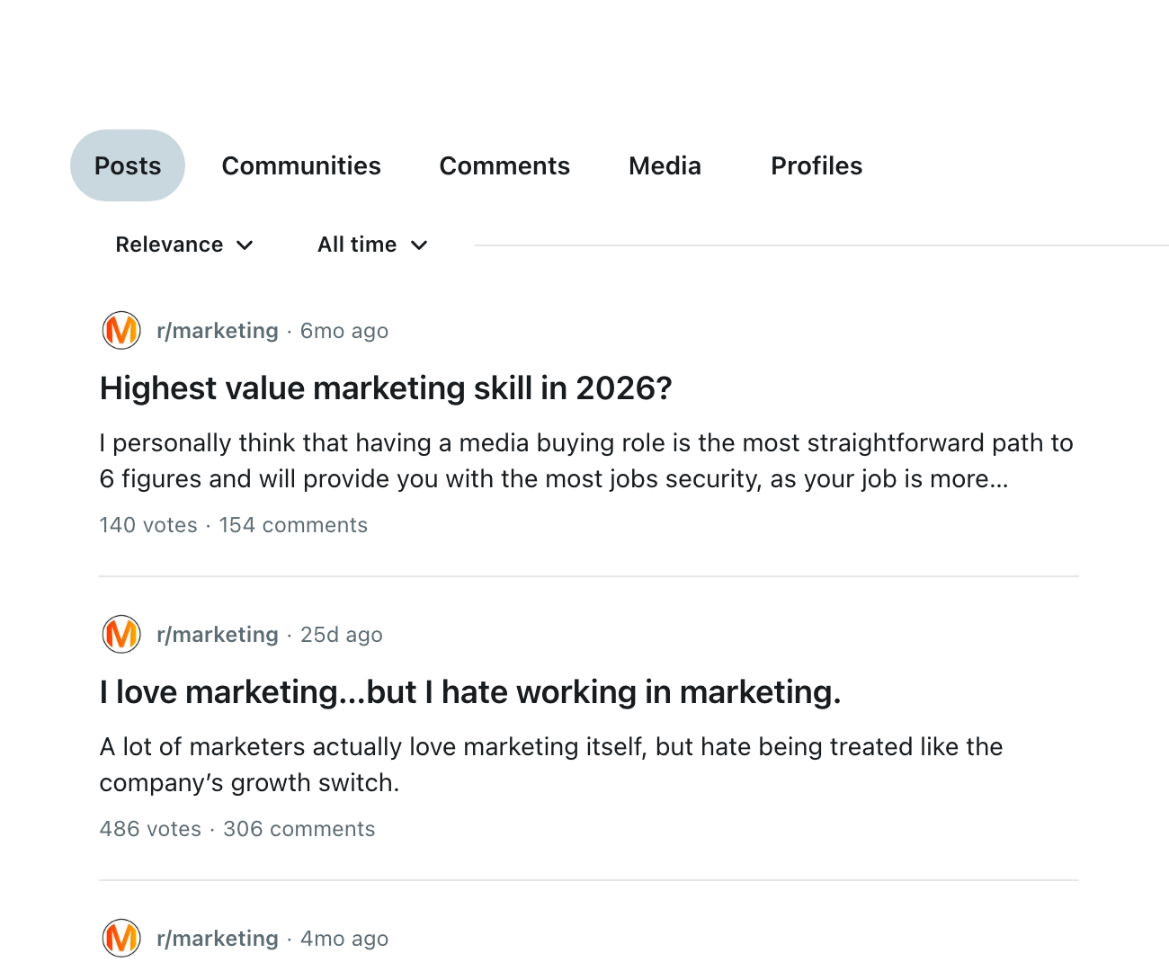 Cropped Reddit search results for a flair filtered marketing query