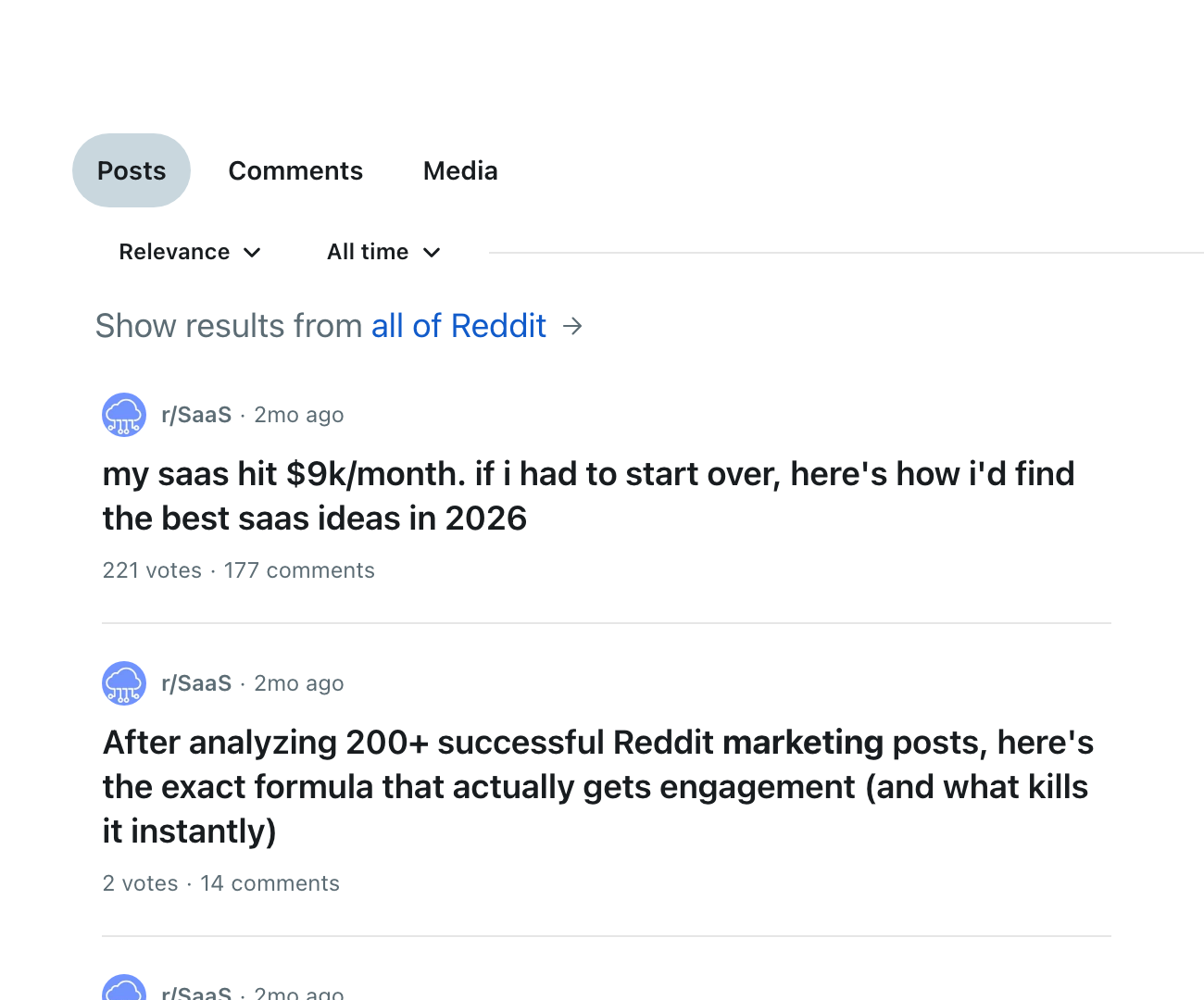 Live Reddit screenshot showing Reddit Marketing for SaaS