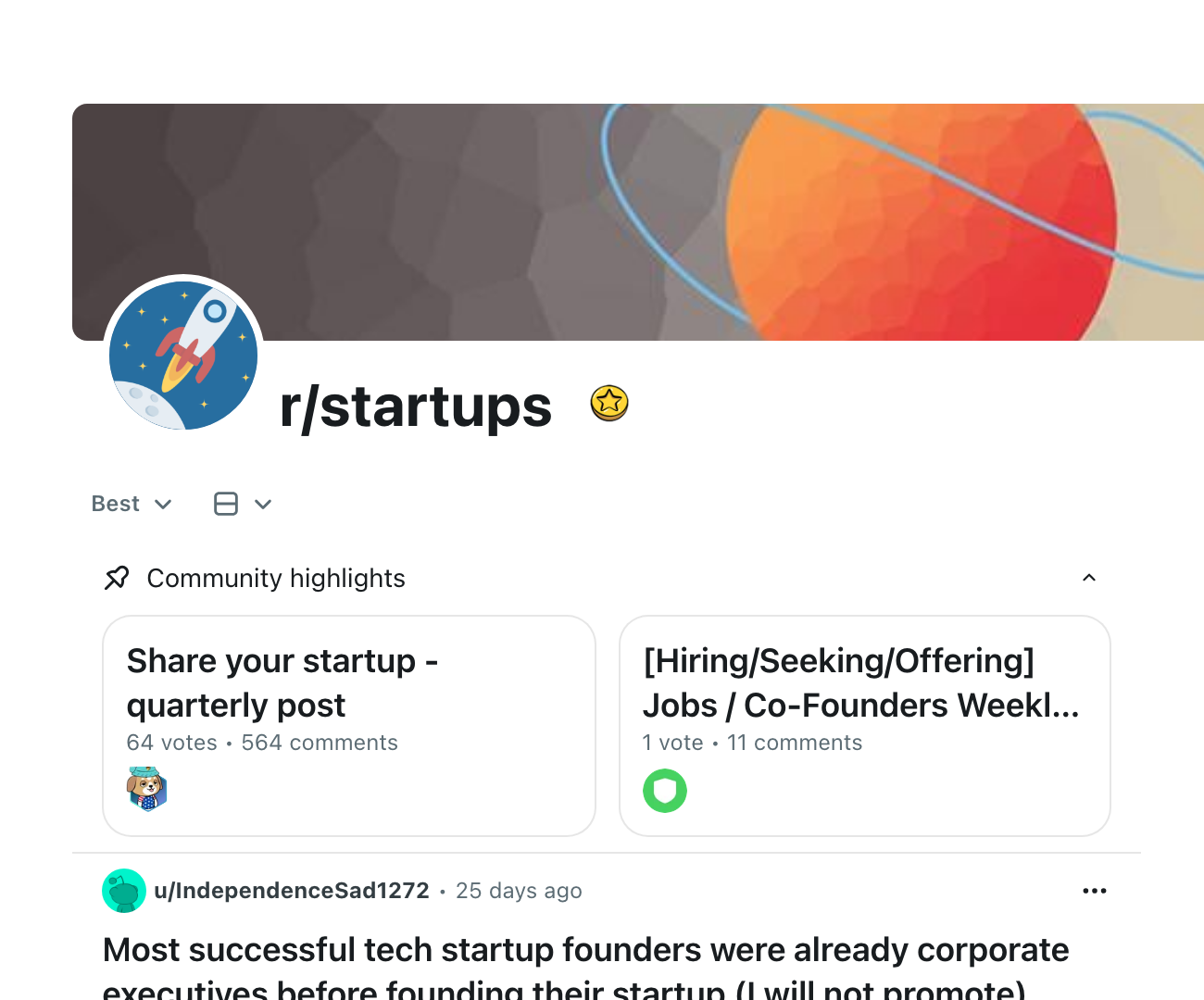 Live Reddit screenshot showing Reddit Marketing for Startups