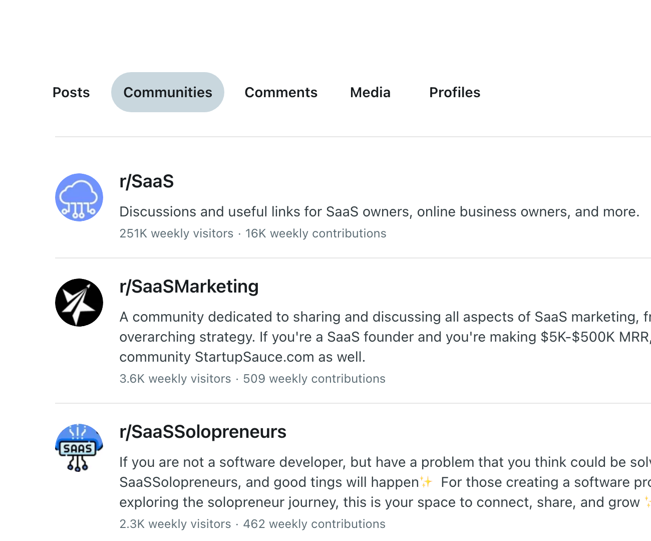 Live Reddit screenshot showing SaaS and Startup Marketing Subreddits